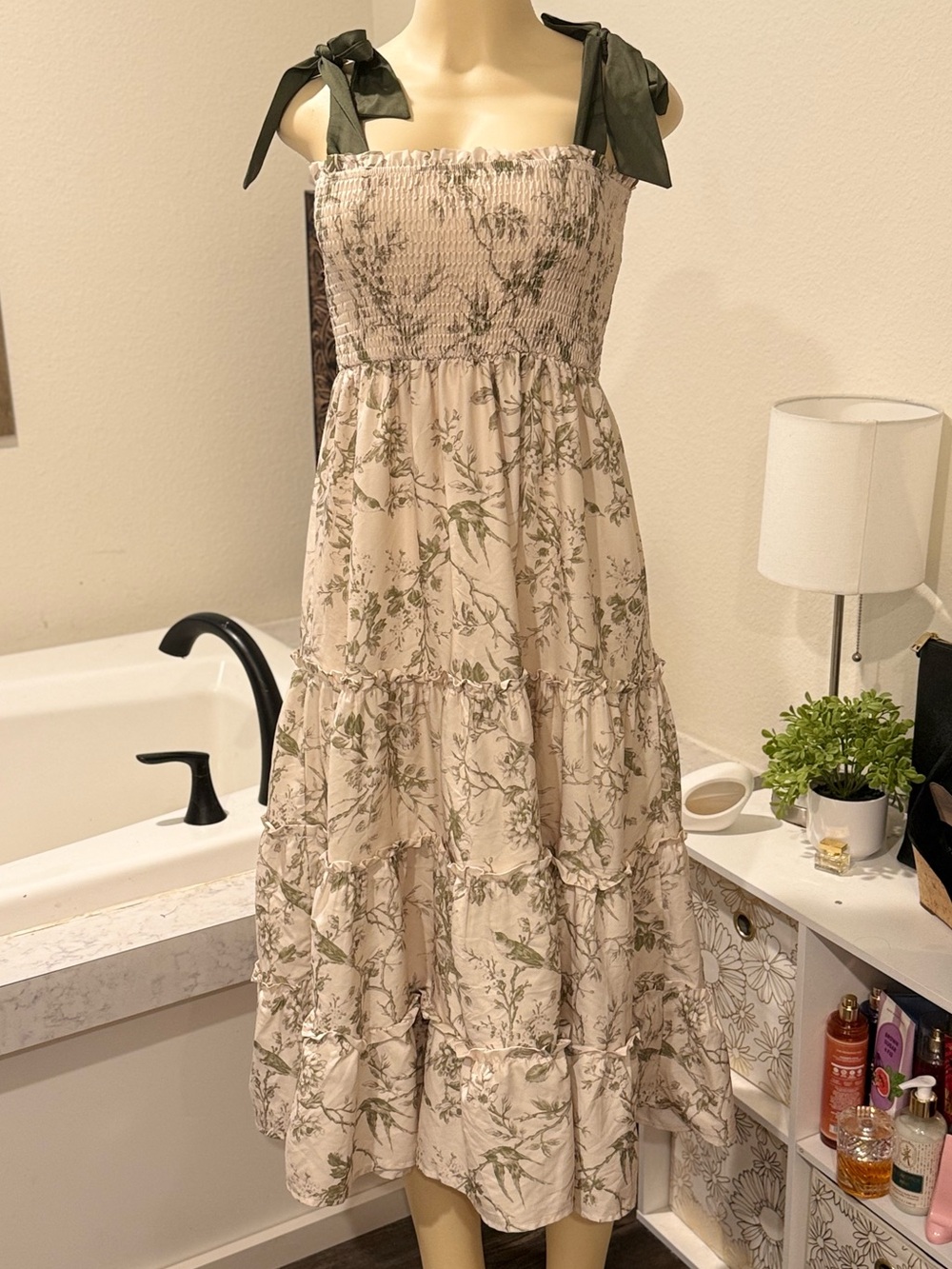 Handmade Cottagecore Floral Midi Dress • Olive Bow Ties • Smocked Bodice